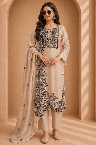Designer mul chanderi thread work suit set with dupatta | festive ethnic wear for women
