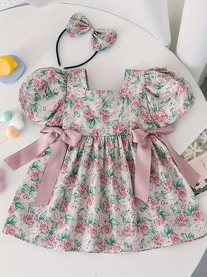 Pink floral printed cotton puff sleeve baby dress 1