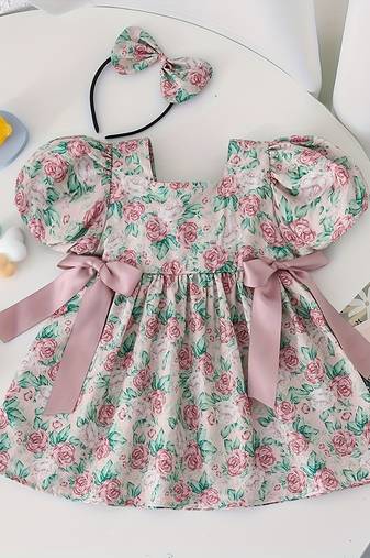 Pink floral printed cotton puff sleeve baby dress