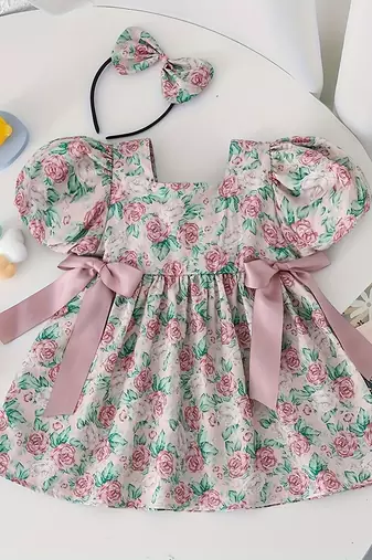 Pink floral printed cotton puff sleeve baby dress