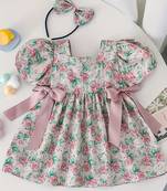 Pink floral printed cotton puff sleeve baby dress