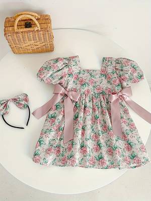 Pink floral printed cotton puff sleeve baby dress 2
