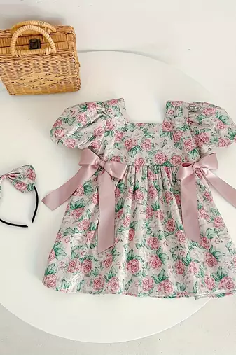 Pink floral printed cotton puff sleeve baby dress