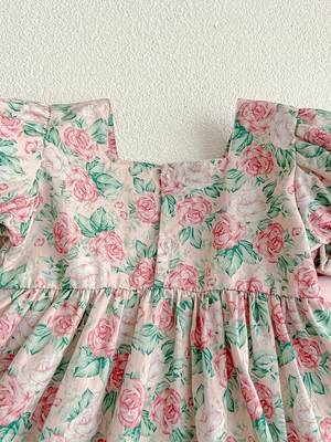 Pink floral printed cotton puff sleeve baby dress 3