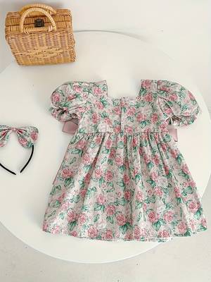 Pink floral printed cotton puff sleeve baby dress 4