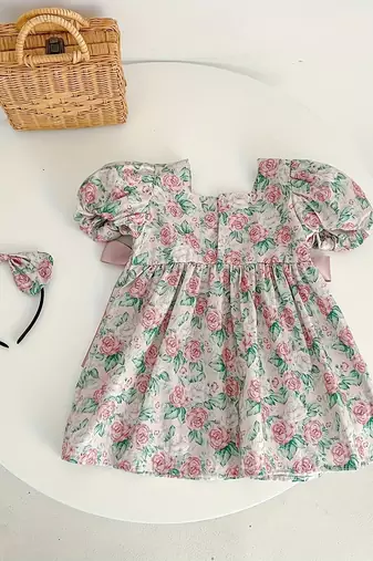 Pink floral printed cotton puff sleeve baby dress