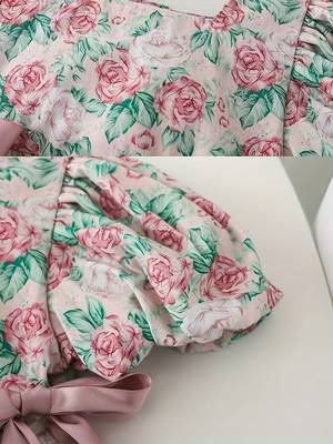 Pink floral printed cotton puff sleeve baby dress 5