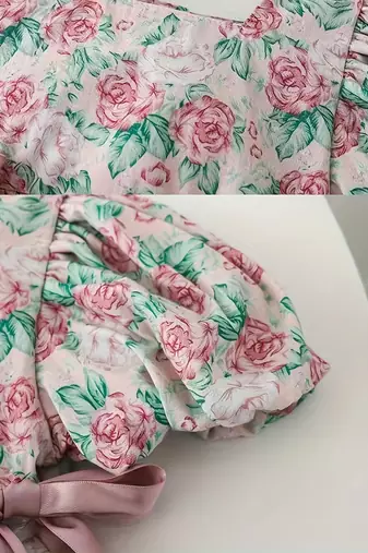 Pink floral printed cotton puff sleeve baby dress