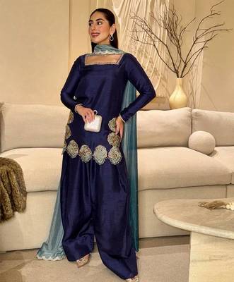 Elegant crepe 3-piece kurta set with farshi salwar & chinon silk dupatta festive wear for women 1