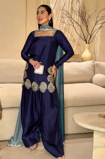 Elegant crepe 3-piece kurta set with farshi salwar & chinon silk dupatta | festive wear for women