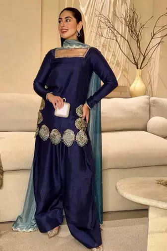 Elegant crepe 3-piece kurta set with farshi salwar & chinon silk dupatta | festive wear for women