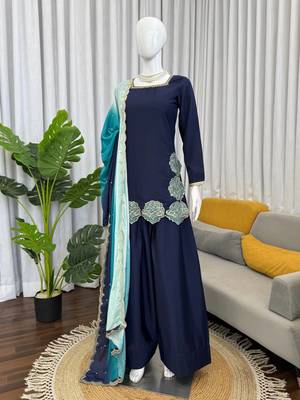 Elegant crepe 3-piece kurta set with farshi salwar & chinon silk dupatta festive wear for women 2