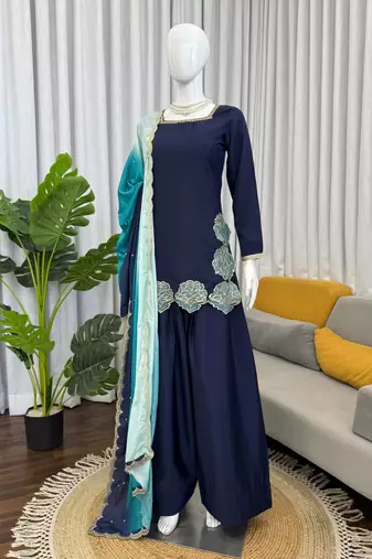 Elegant crepe 3-piece kurta set with farshi salwar & chinon silk dupatta festive wear for women