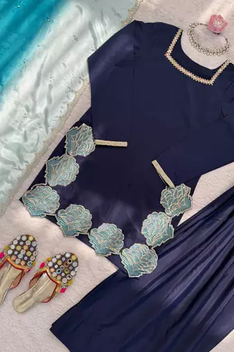 Elegant crepe 3-piece kurta set with farshi salwar & chinon silk dupatta festive wear for women