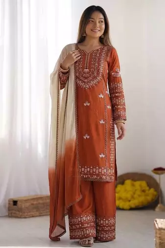 Embroidered rayon cotton kurta set with farshi pant & georgette dupatta | ready to wear