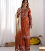 Embroidered rayon cotton kurta set with farshi pant & georgette dupatta | ready to wear