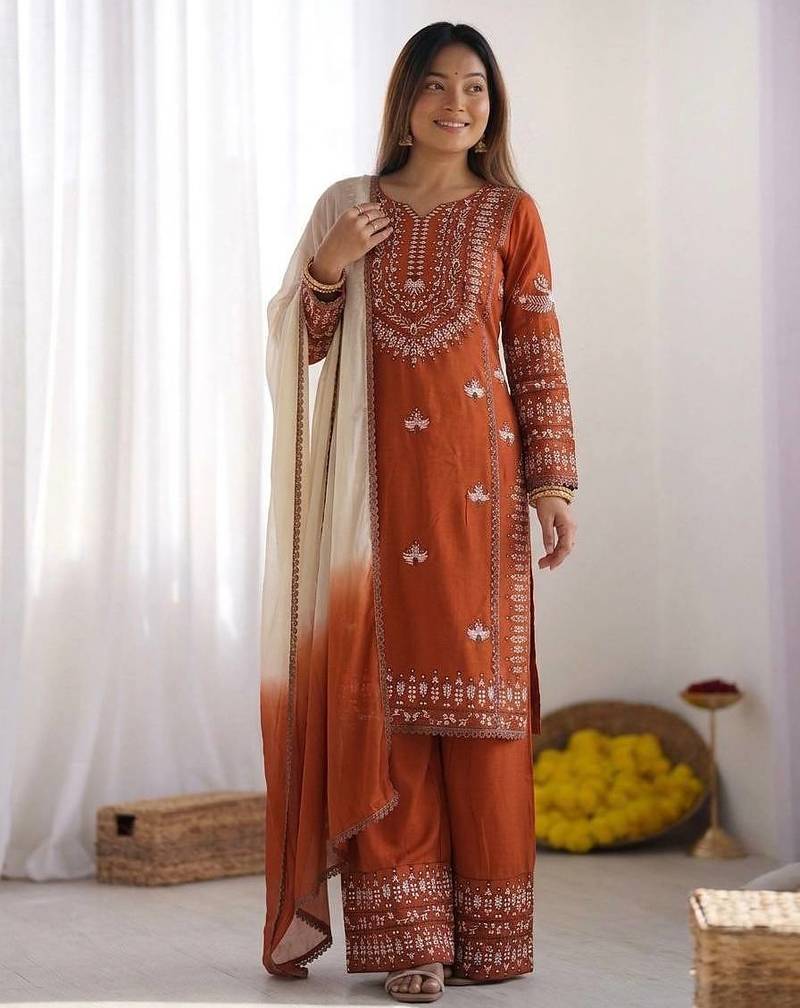 Embroidered rayon cotton kurta set with farshi pant & georgette dupatta | ready to wear