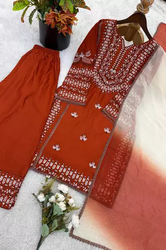 Embroidered rayon cotton kurta set with farshi pant & georgette dupatta | ready to wear