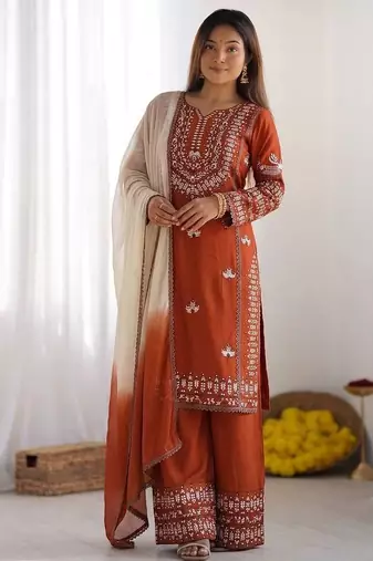 Embroidered rayon cotton kurta set with farshi pant & georgette dupatta | ready to wear