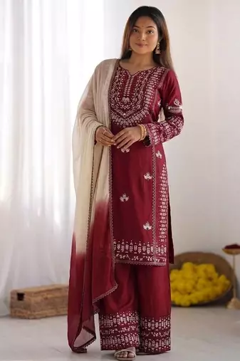 Embroidered rayon cotton kurta set with farshi pant & georgette dupatta | ready to wear