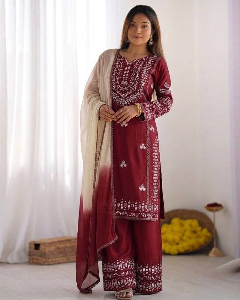 Embroidered rayon cotton kurta set with farshi pant & georgette dupatta | ready to wear