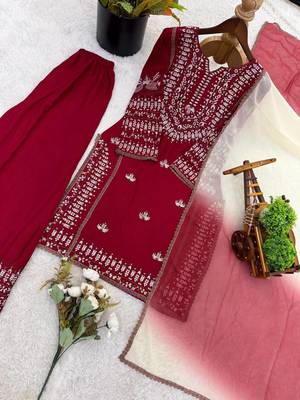 Embroidered rayon cotton kurta set with farshi pant & georgette dupatta ready to wear 2