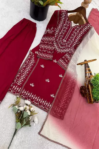 Embroidered rayon cotton kurta set with farshi pant & georgette dupatta ready to wear