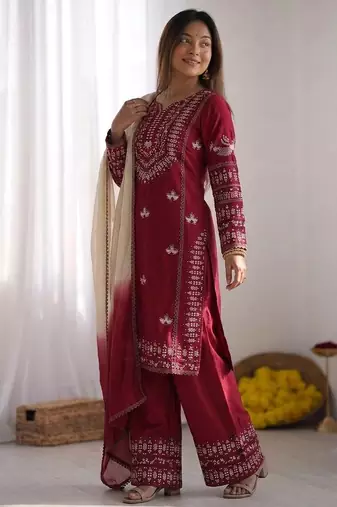 Embroidered rayon cotton kurta set with farshi pant & georgette dupatta ready to wear