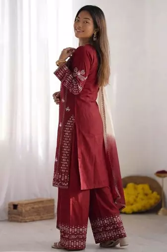 Embroidered rayon cotton kurta set with farshi pant & georgette dupatta ready to wear