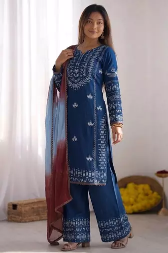 Embroidered rayon cotton kurta set with farshi pant & georgette dupatta | ready to wear