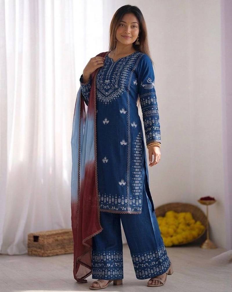 Embroidered rayon cotton kurta set with farshi pant & georgette dupatta | ready to wear