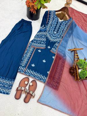 Embroidered rayon cotton kurta set with farshi pant & georgette dupatta ready to wear 2
