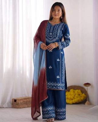 Embroidered rayon cotton kurta set with farshi pant & georgette dupatta ready to wear 4