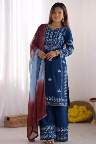 Embroidered rayon cotton kurta set with farshi pant & georgette dupatta ready to wear