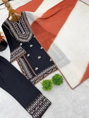 Embroidered rayon cotton kurta set with farshi pant & georgette dupatta ready to wear 1