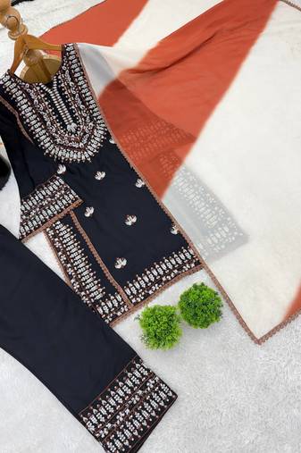 Embroidered rayon cotton kurta set with farshi pant & georgette dupatta | ready to wear