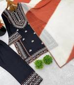Embroidered rayon cotton kurta set with farshi pant & georgette dupatta ready to wear
