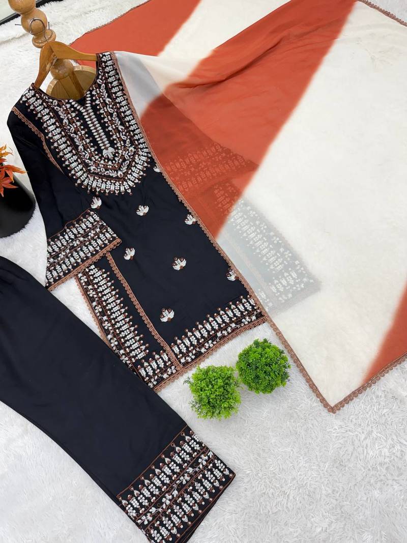 Embroidered rayon cotton kurta set with farshi pant & georgette dupatta | ready to wear