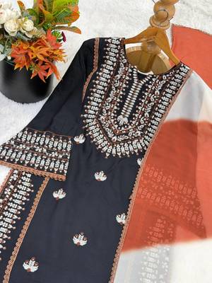 Embroidered rayon cotton kurta set with farshi pant & georgette dupatta ready to wear 2