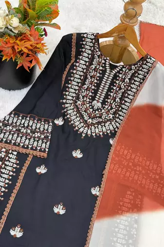 Embroidered rayon cotton kurta set with farshi pant & georgette dupatta ready to wear