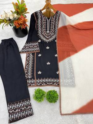 Embroidered rayon cotton kurta set with farshi pant & georgette dupatta ready to wear 3