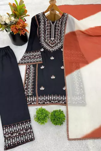 Embroidered rayon cotton kurta set with farshi pant & georgette dupatta ready to wear