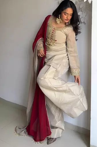 Tebby organza embroidered kurta set with farshi pant & georgette dupatta | women’s ethnic wear