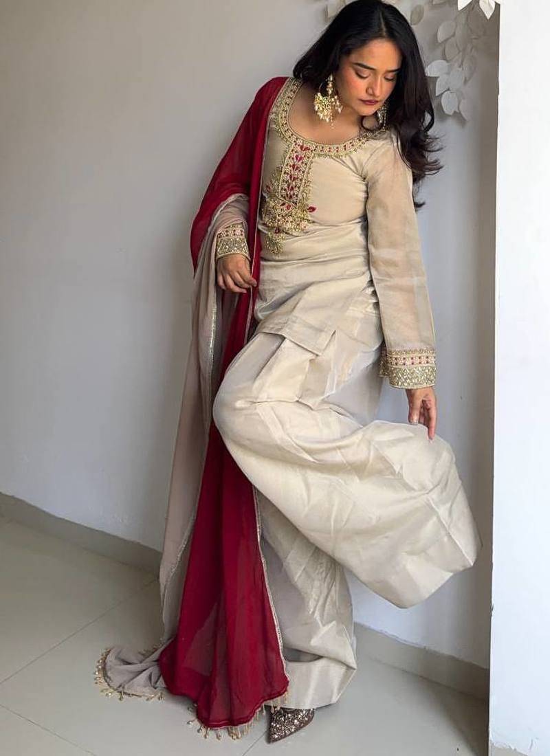 Tebby organza embroidered kurta set with farshi pant & georgette dupatta | women’s ethnic wear