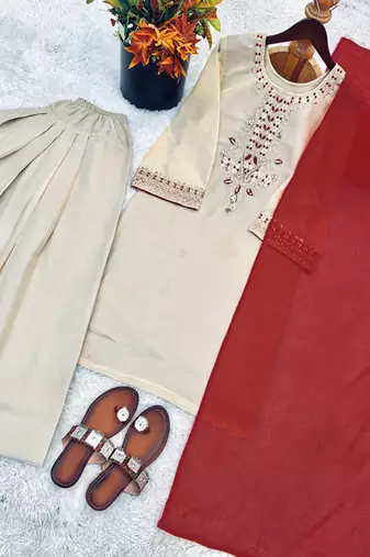 Tebby organza embroidered kurta set with farshi pant & georgette dupatta women s ethnic wear