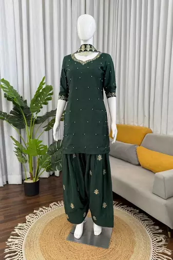 Designer crepe farshi plazo set with thread, sequin & pearl work | festive ethnic wear