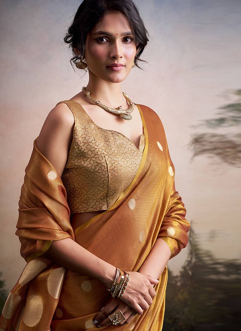 Orange silk blend silk blend party wear saree