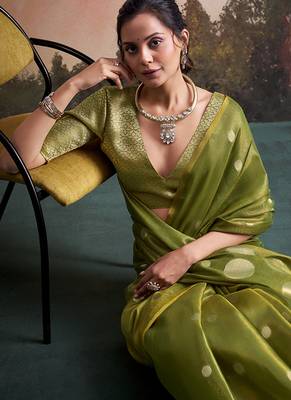 Olive silk blend silk blend party wear saree 4