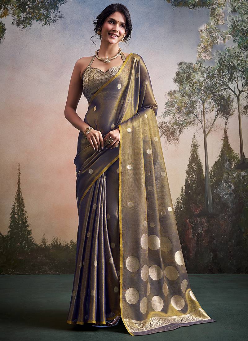 Grey silk blend silk blend party wear saree