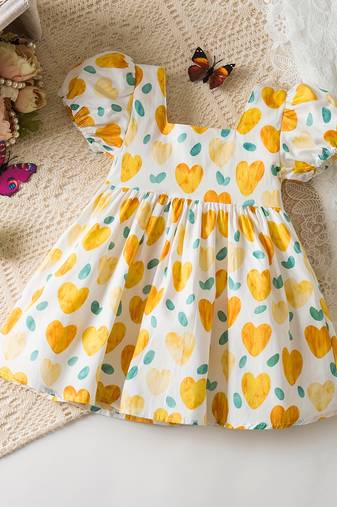 White & yellow heart print cotton puff sleeve fit & flare dress for girls